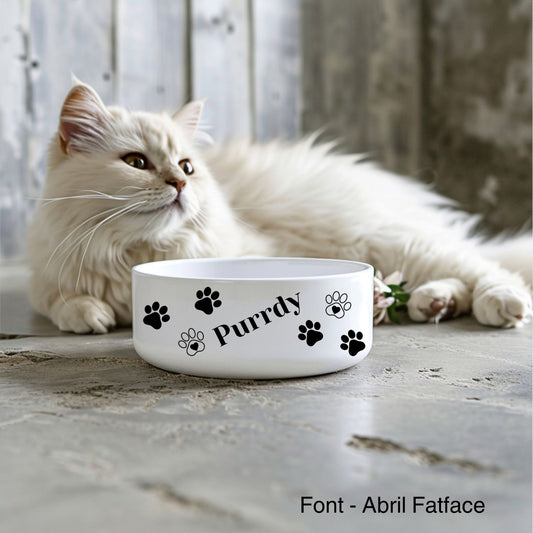 white ceramic cat food or water bowl featuring a personalised name and paw prints. A white cat lies in the background