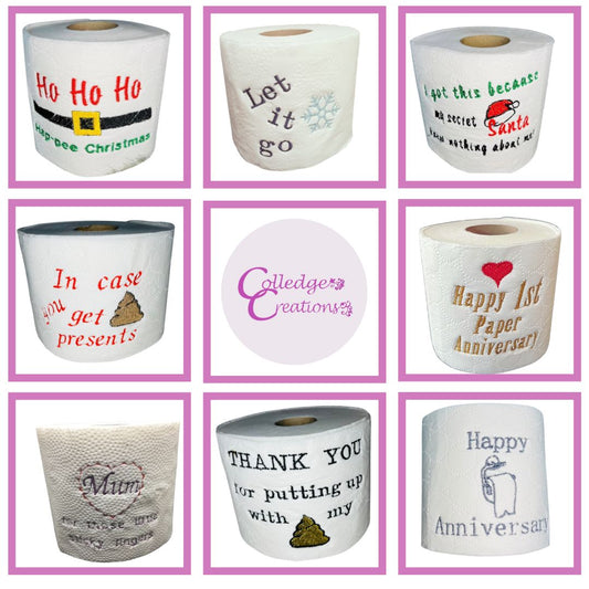 image showing novelty toilet rolls in Christmas themes for the perfect Christmas gift idea