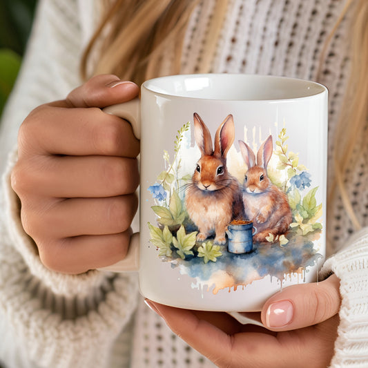 Person holding a mug with rabbit design