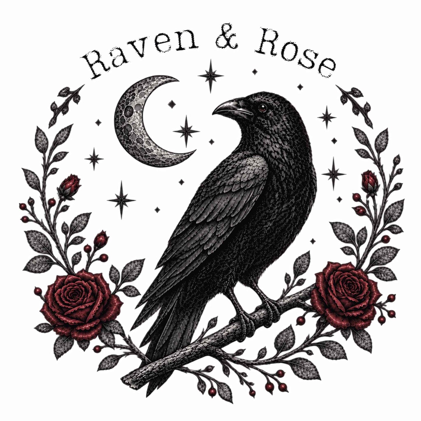 A gothic-style graphic design featuring a black raven perched on a branch with red roses, a crescent moon, stars, and the words 'Raven & Rose' arched above, all on a white background.
