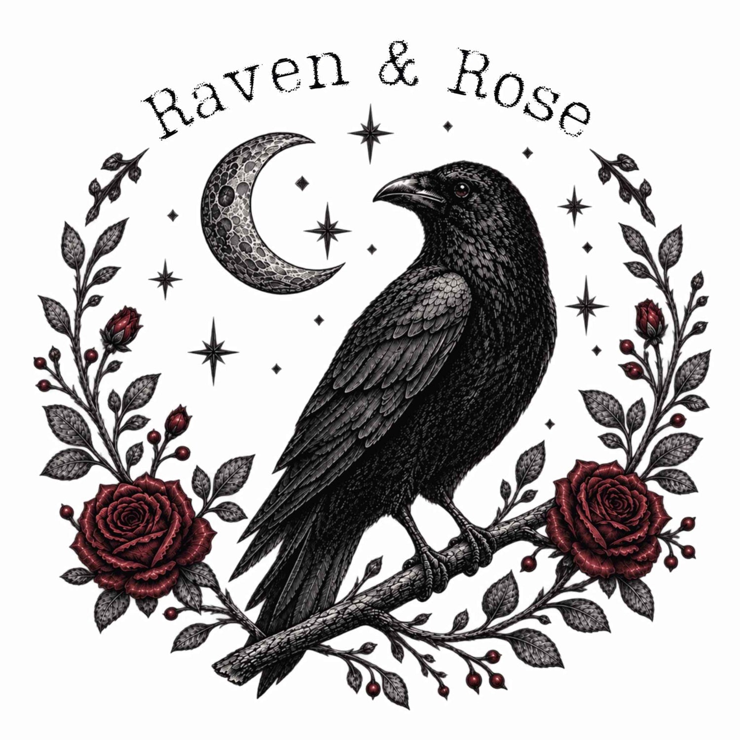 A gothic-style graphic design featuring a black raven perched on a branch with red roses, a crescent moon, stars, and the words 'Raven & Rose' arched above, all on a white background.