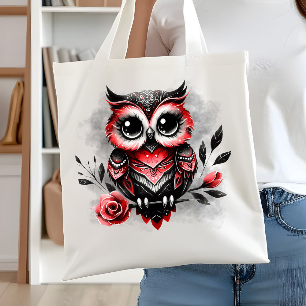 White Tote Bag showing a Gothic Owl with red and black feathers perched on a rose stem and on a smoky grey background.  A woman in denim is holding up the bag.