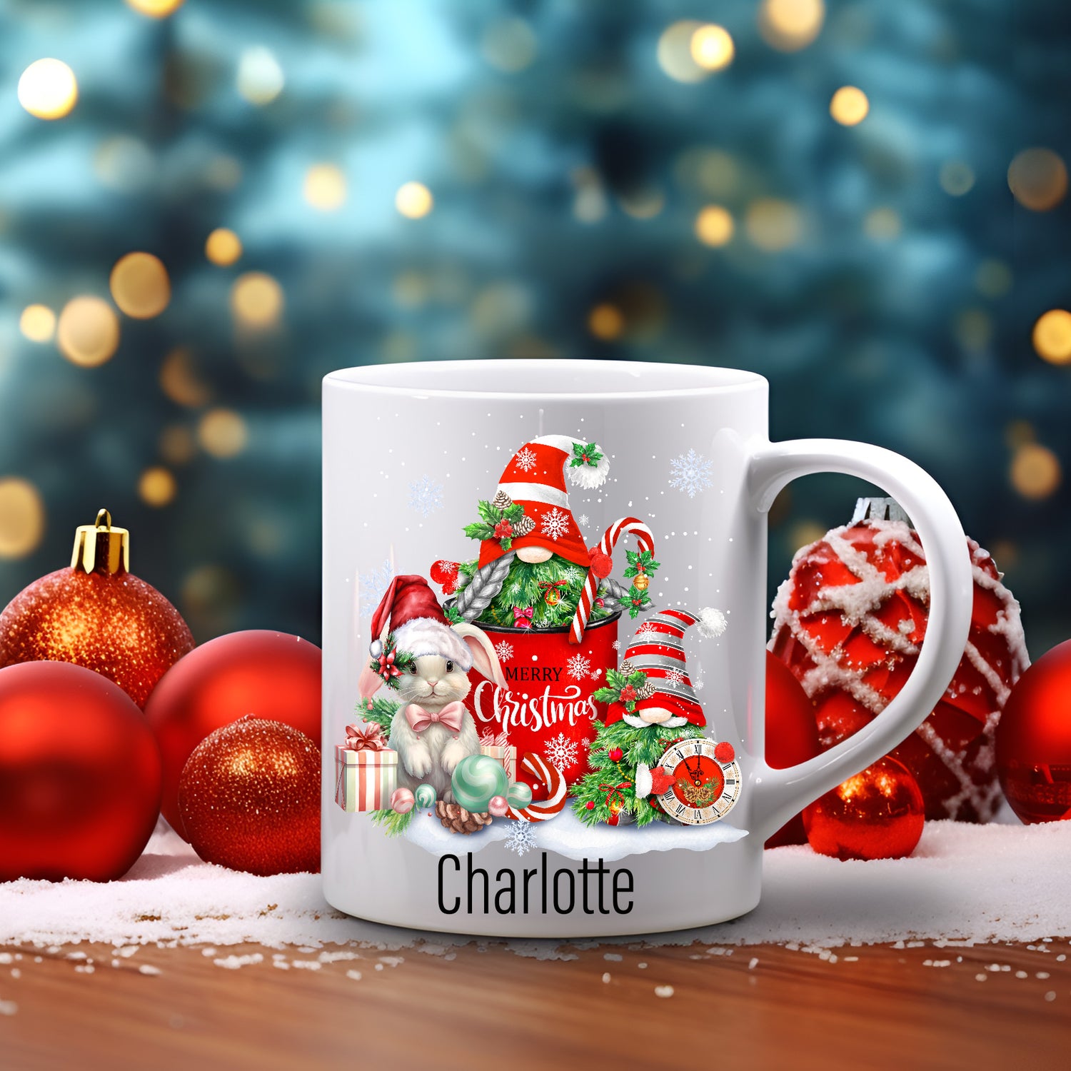 Persoanlised Christmas mug with gnomes and a rabbit in a Christmas scene. 