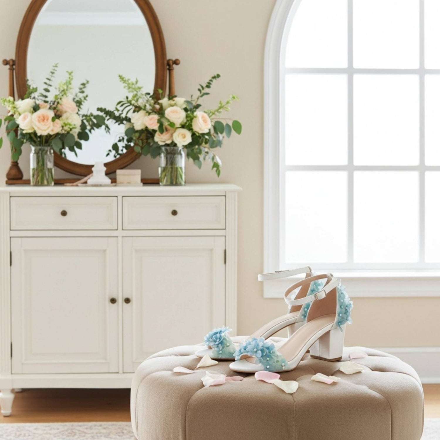 Pair of high-heeled wedding shoes with floral decorations on a beige ottoman in a room with a white dresser and mirror.