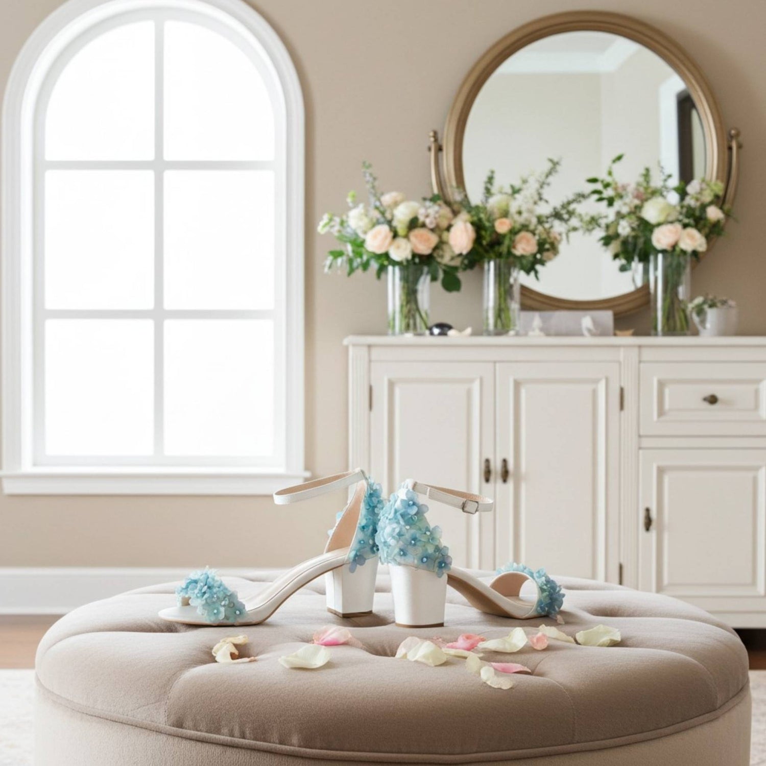 Ivory high-heeled bridal shoes with blue accents on a round beige ottoman in a room with a large mirror and floral arrangement.