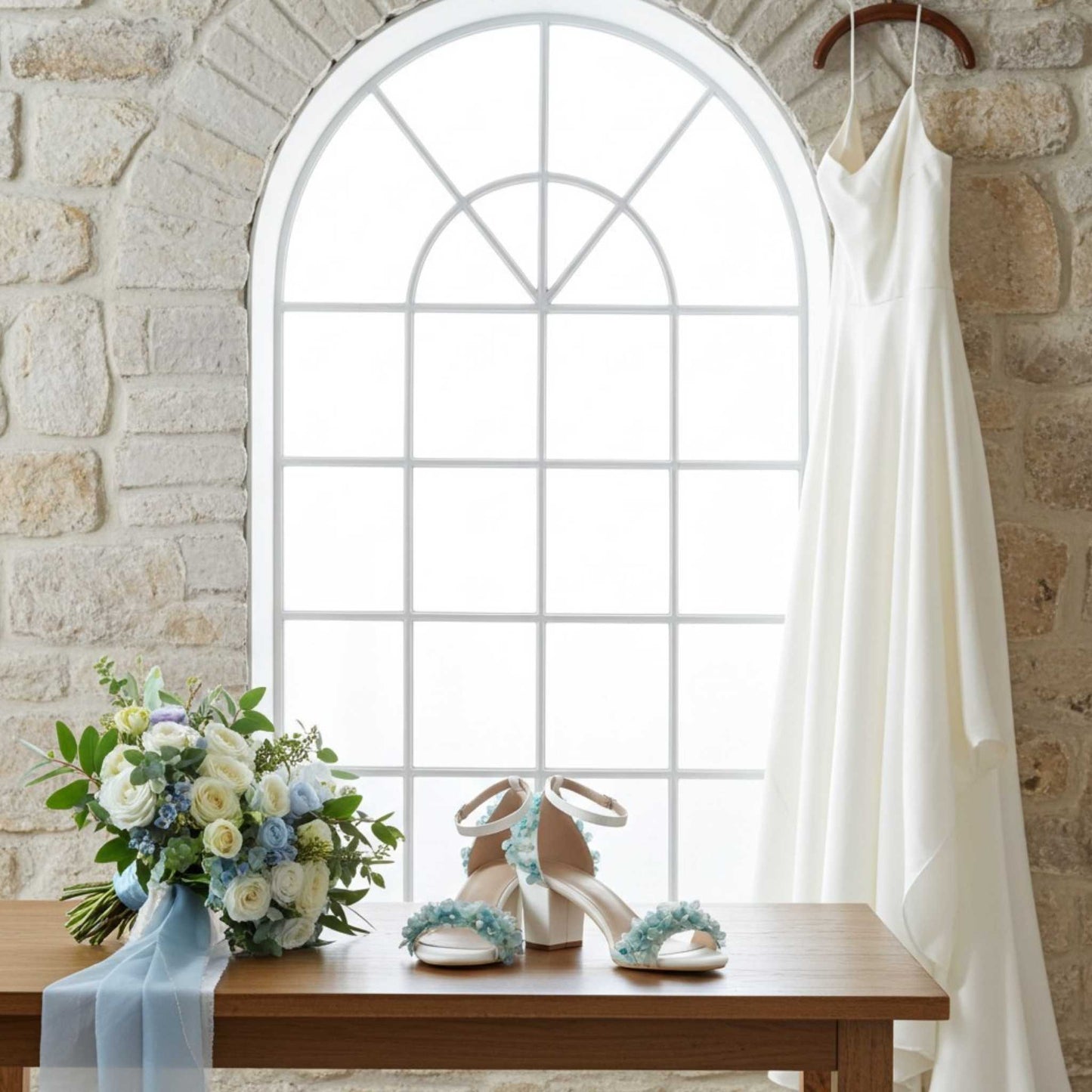 Bouquet, shoes, and wedding dress on a wooden table with a stone wall and window in the background