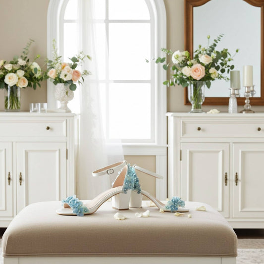 Ivory high-heeled shoes with blue floral decorations on a beige cushion in a stylish room.