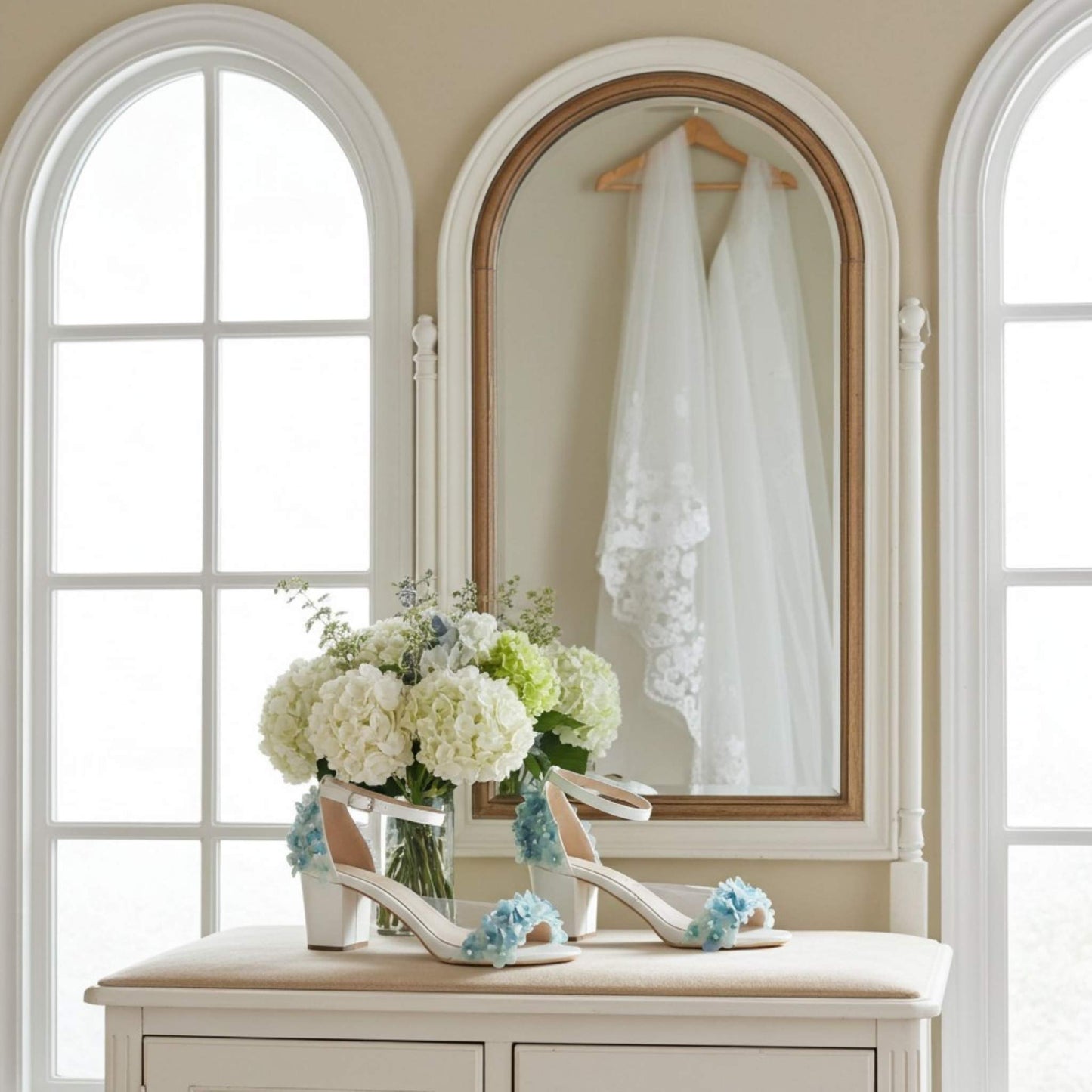 Bridal shoes with floral decorations on a dresser next to a mirror reflecting wedding veils.