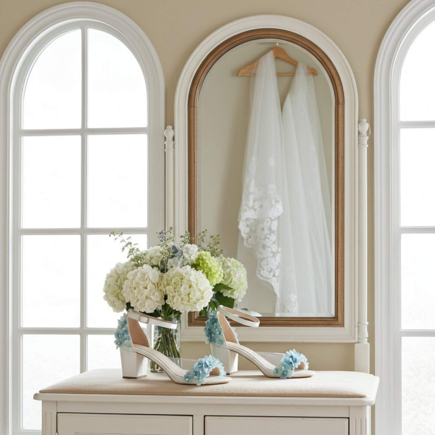 Bridal shoes with floral decorations on a dresser next to a mirror reflecting wedding veils.
