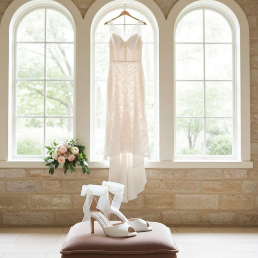 Bridal gown hanging in a room with large windows, accompanied by white high heel peep toe bridal shoes and a bouquet.