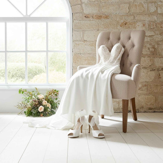 White wedding dress on a chair in a bright room with large windows and a stone wall. Front view of peep toe wedding shoes are in front.