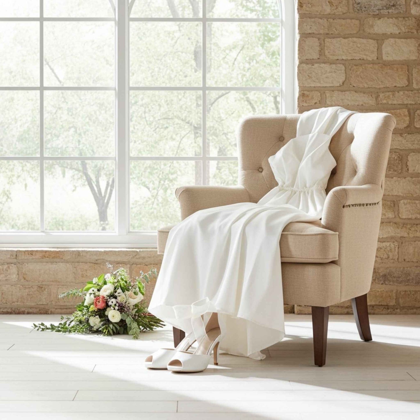 Beige armchair with a white bridal gown and peep toe bridal shoes, next to a bouquet of flowers in a bright room.