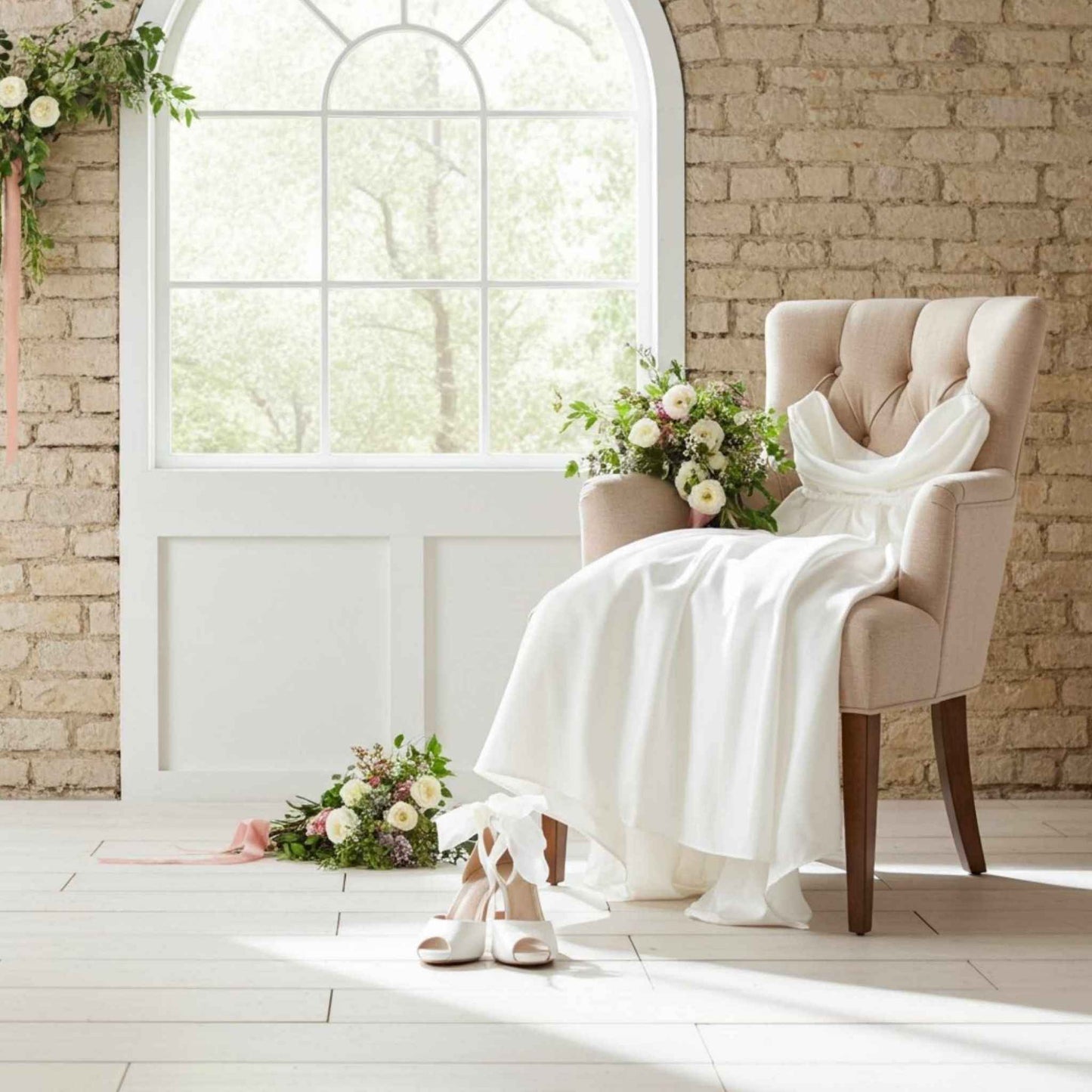 Beige armchair with wedding gown and floral arrangement in a room with large window and brick wall. Peep Toe shoes are on the floor in front