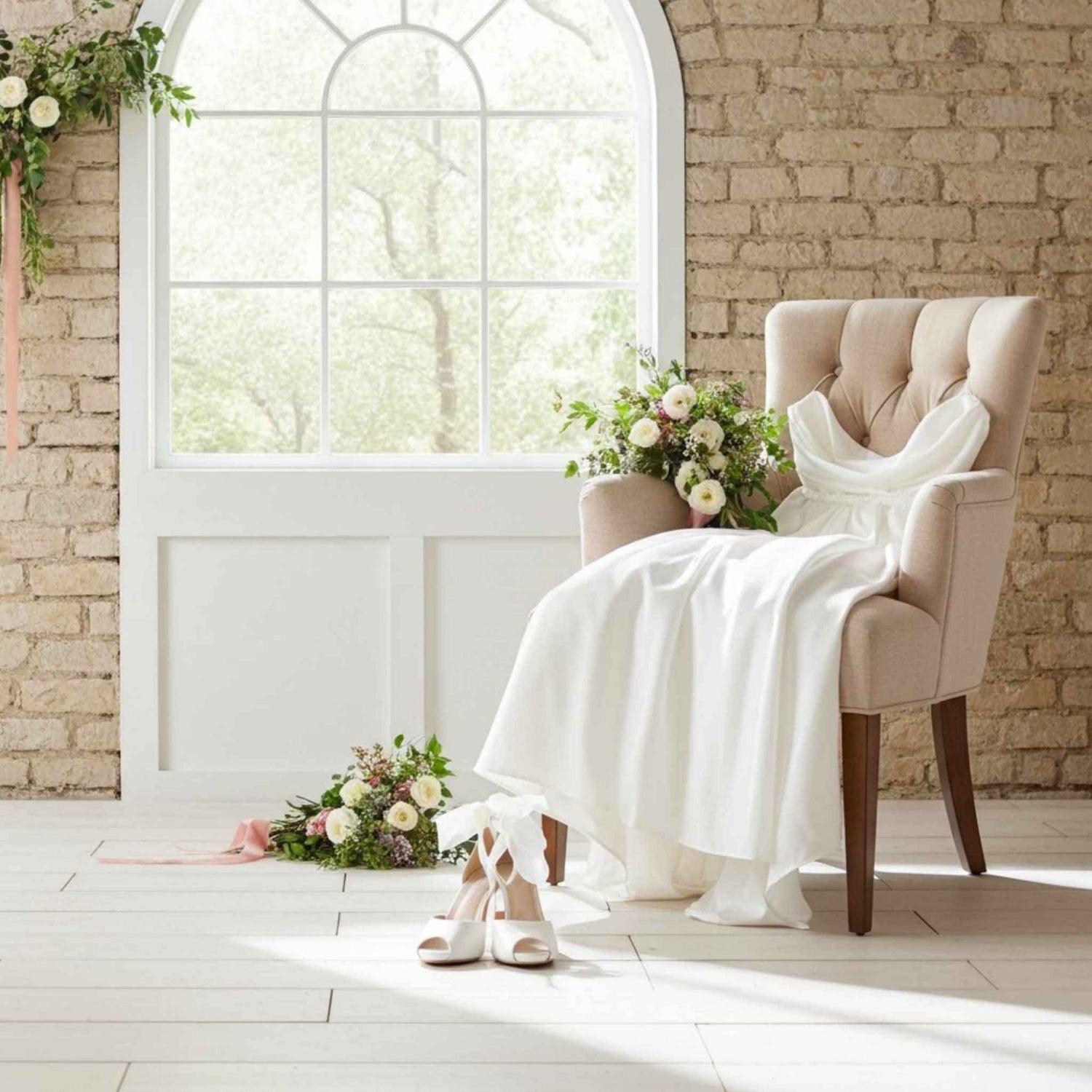 Beige armchair with wedding gown and floral arrangement in a room with large window and brick wall. Peep Toe shoes are on the floor in front
