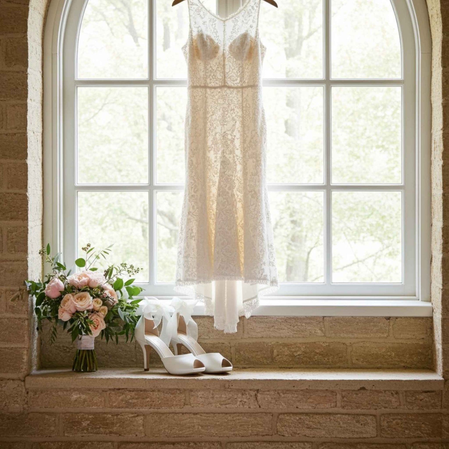 Bridal dress hanging by a window with side view of peep toe shoes and bouquet on the windowsill.