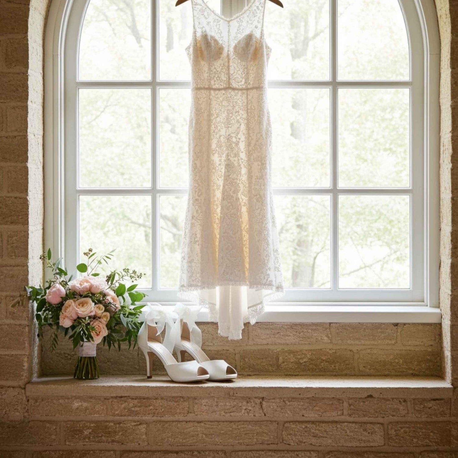 Bridal dress hanging by a window with side view of peep toe shoes and bouquet on the windowsill.