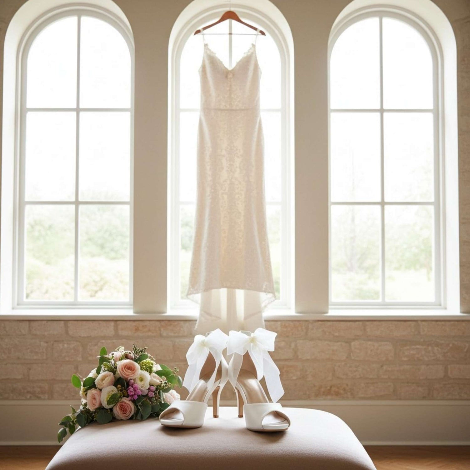 White wedding dress hanging in a room with large windows, accompanied by bridal shoes and a bouquet.
