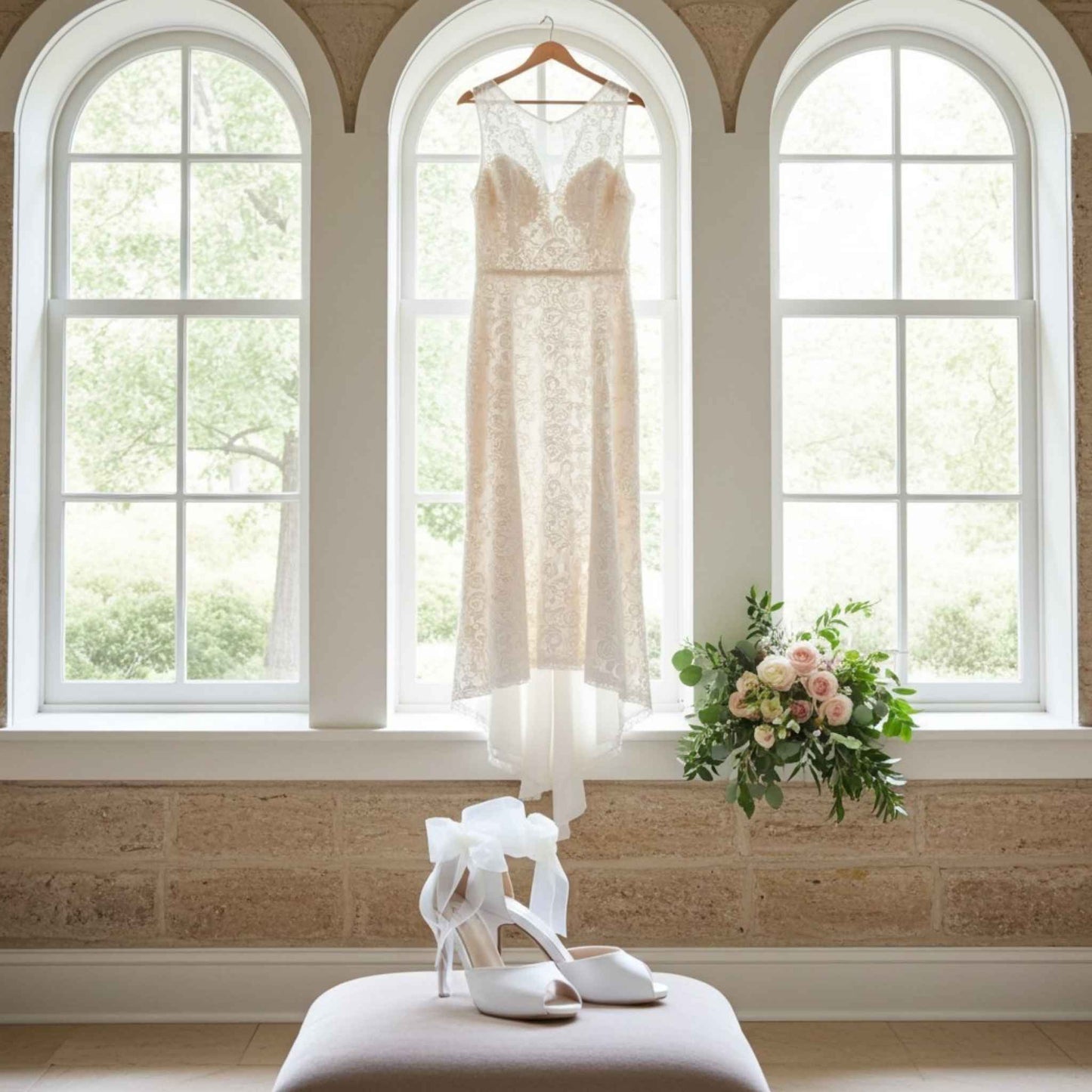 Wedding dress hanging in a window with shoes and flowers on a stool below.