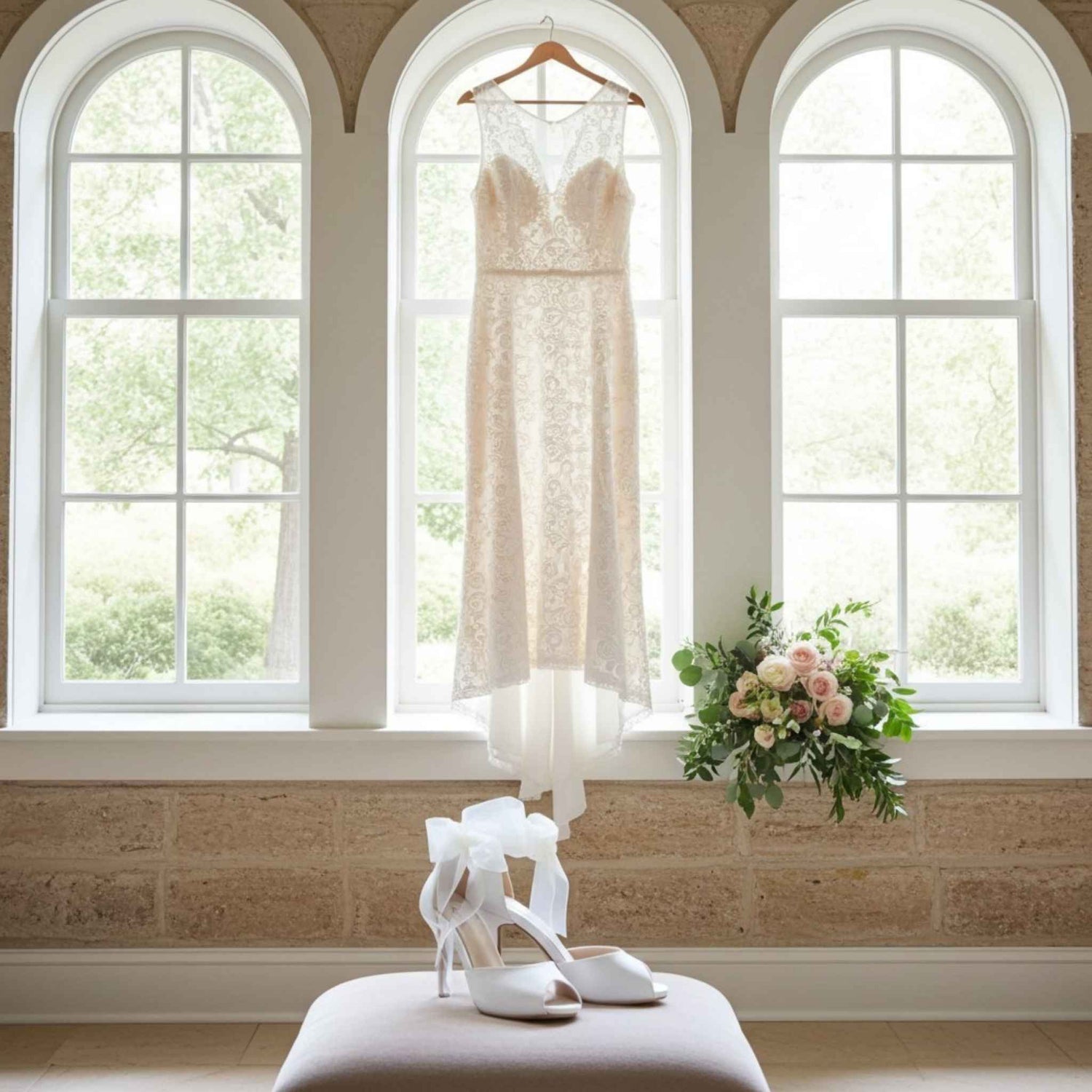 Wedding dress hanging in a window with shoes and flowers on a stool below.