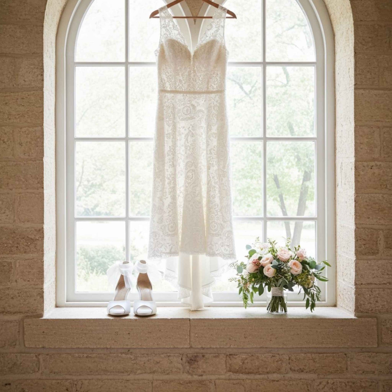 White lace wedding dress hanging in front of a large window with peep toe shoes and flowers on the windowsill.
