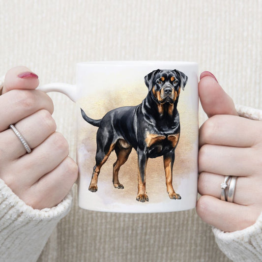 A water-colour image of a standing Rottweiler with a shiny coat on a white ceramic mug.  A brown and gold smoky effect decorates the background.  A woman wearing rings is holding the mug in two hands.