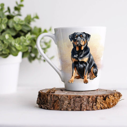 A ceramic latte mug with an image of a Rottweiler dog, placed on a wooden stand.