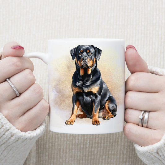 A woman is holding white ceramic mug showing a Rottweiler dog sitting in front of a brown and gold misty background.