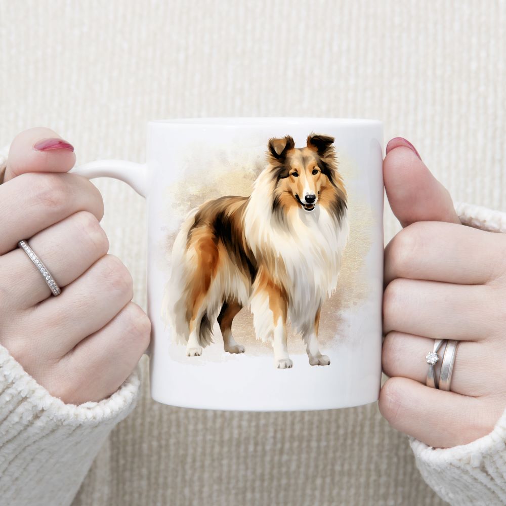 A water-colour image of a standing Rough Collie on a white ceramic mug.  A brown and gold smoky effect decorates the background.  A woman wearing rings is holding the mug in two hands.