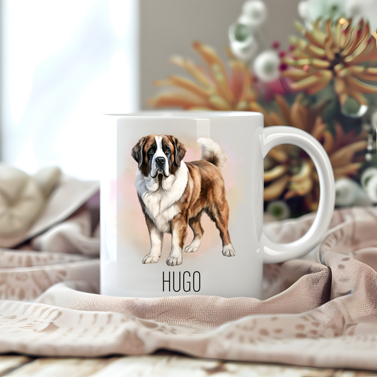 A white personalised ceramic coffee mug featuring a lovely Saint Bernard dog which has been placed on a beige cloth.  Stems of large flowers accessorizes the image.