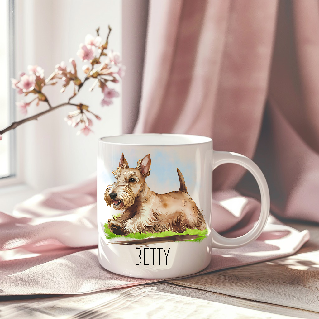 A pink drape sets the backdrop for a personalised white ceramic mug with the image of a wheaten Scottish Terrier running across grass.  A stem of small pink flowers accessorizes the image