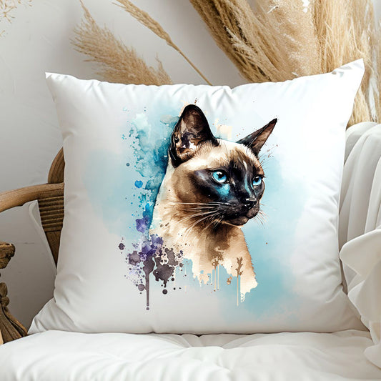 white cushion with a siamese cat head and blue smokey background and splash detailing