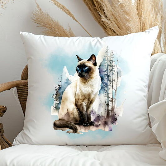 Square white cushion featuring a sitting siamese cat with a blue background and trees to the side.