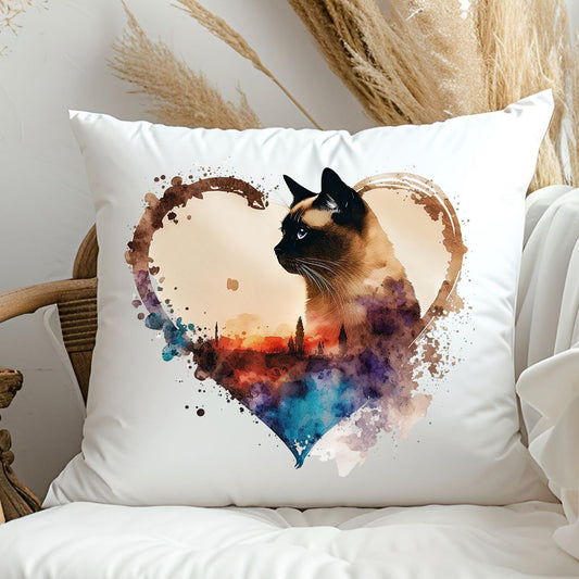 siamese cat on a square white cushion with a heart and splash detailing
