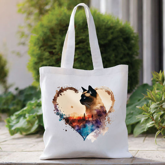 siamese cat on a square white tote bag with a heart and splash detailing
