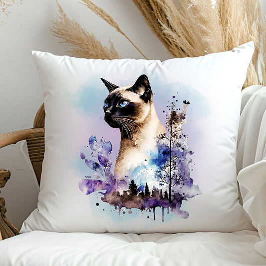 siamese cat on a sofa cushion with a blue and purple background. Splash detailing and trees.
