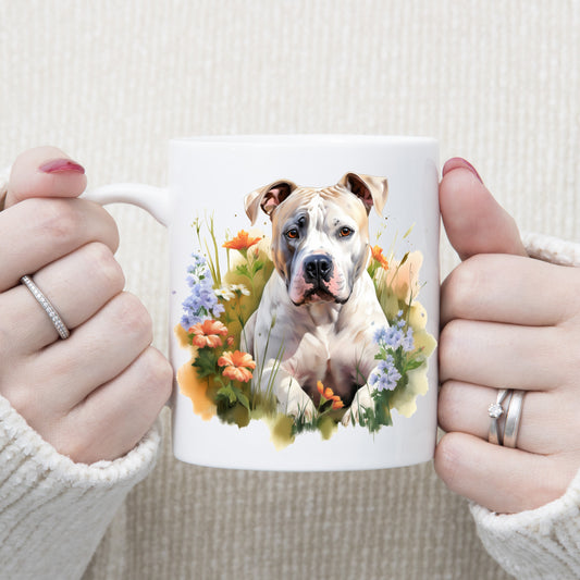 White ceramic mug with an image of a parti-colour Staffordshire Bull Terrier laid among flowers and facing forward. A woman is holding the mug with both hands.