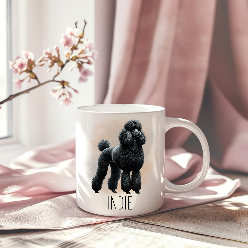 A pink drape sets the backdrop for white ceramic mug with the image of a Standard Poodle stood facing right.  A stem of small pink flowers accessorizes the image