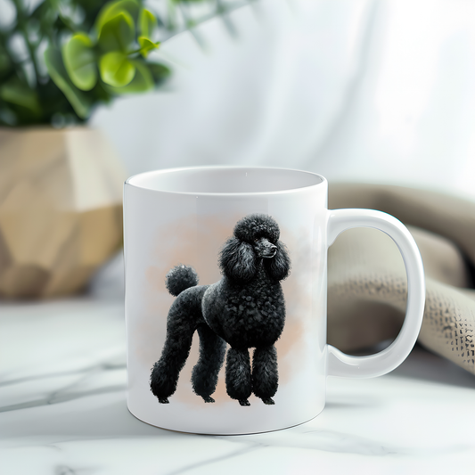 This coffee mug features a lovely black Standard Poodle on a white ceramic mug which has been placed on a grey marble surface. A green plant sits in the left corner.