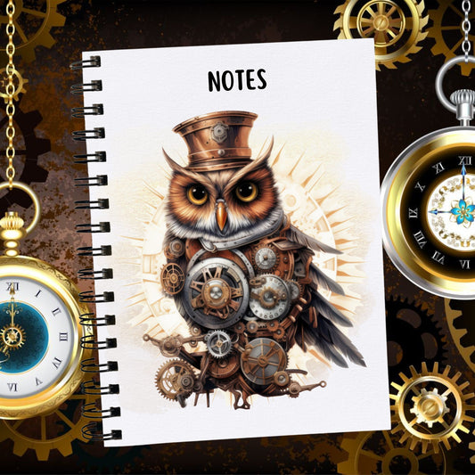 White notebook with black spiral binding showing a Steampunk Owl with a metal hat and clock workings to the chest. A black pencil is placed to the right hand side.