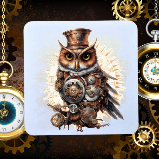Coaster in white showing a Steampunk Owl wearing a copper hat and multiple clock workings on his chest.  The coaster is placed on a dark background with pocket watches hanging on chains.