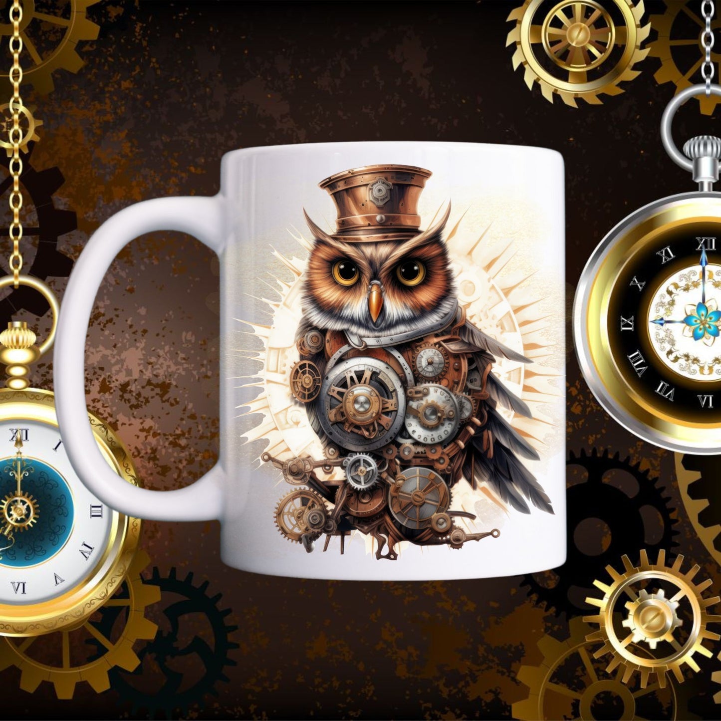 Ceramic mug in white showing a Steampunk Owl wearing a copper hat and multiple clock workings on his chest.  The mug is placed on a dark background with pocket watches hanging on chains.