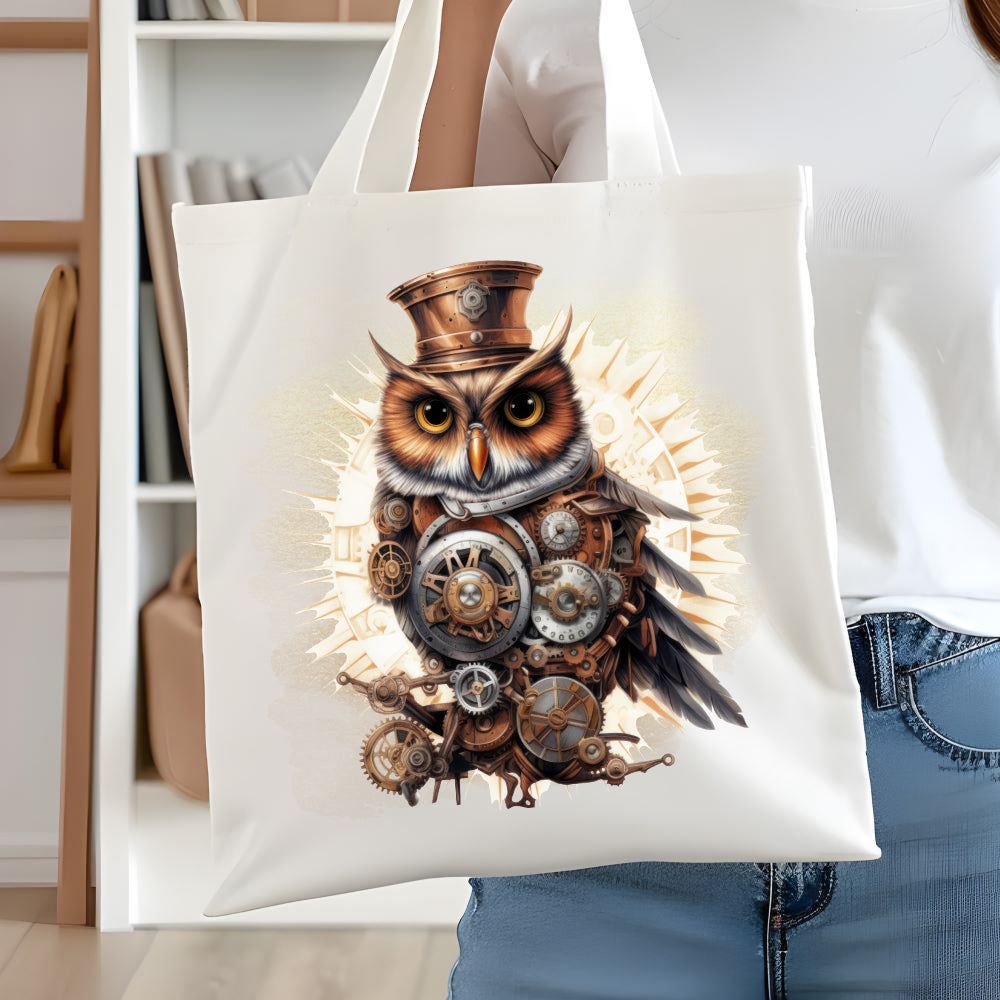 Tote Bag in white showing a Steampunk Owl wearing a copper hat and multiple clock workings on his chest.  A woman in denim is holding up the bag in front of a white bookshelf.