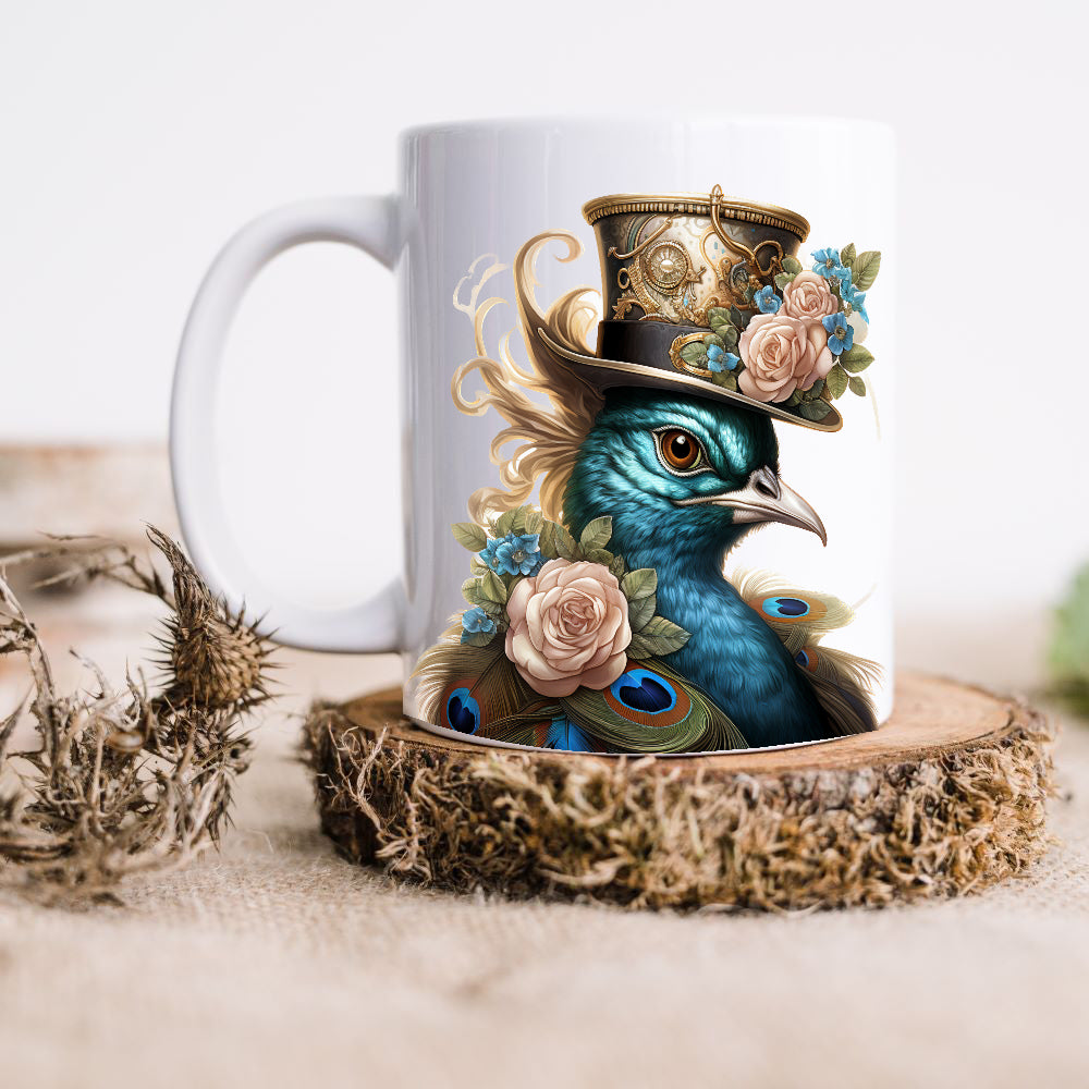 Ceramic mug in white showing a Steampunk Peacock with blue/green feathers and pink and blue flowers.  The peacock is wearing a metal top hat decorated with pink and blue flowers. The mug is placed on a rustic wooden platform.
