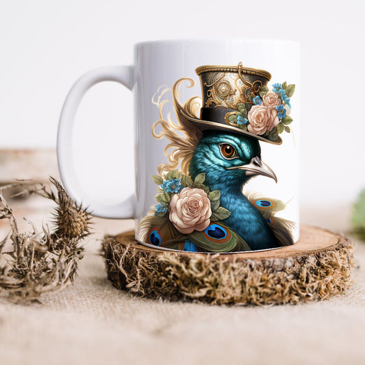 Ceramic mug in white showing a Steampunk Peacock with blue/green feathers and pink and blue flowers. The peacock is wearing a metal top hat decorated with pink and blue flowers. The mug is placed on a rustic wooden platform.