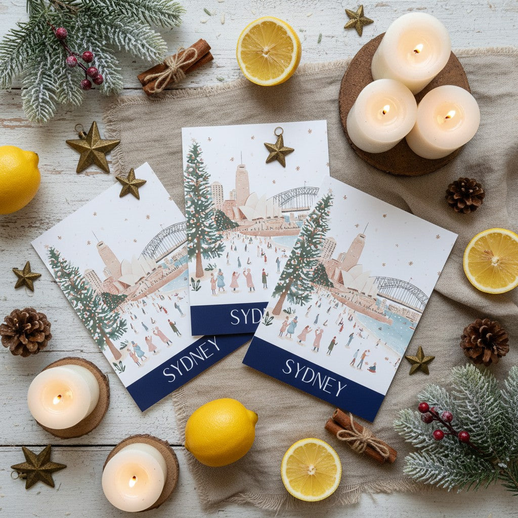 Three personalised Sydney winter-themed Christmas greeting cards are arranged on a rustic white wooden surface with candles, lemons, pine branches, and star ornaments. The cards feature an illustration of a snowy Sydney skyline with people skating, decorated with navy blue bands at the bottom reading 'SYDNEY'.