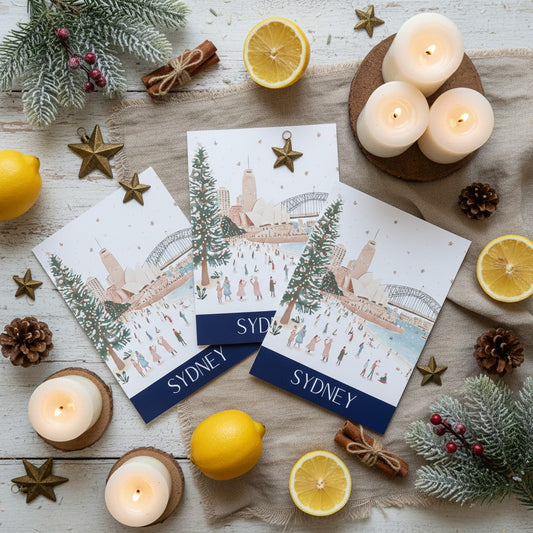 Three personalised Sydney winter-themed Christmas greeting cards are arranged on a rustic white wooden surface with candles, lemons, pine branches, and star ornaments. The cards feature an illustration of a snowy Sydney skyline with people skating, decorated with navy blue bands at the bottom reading 'SYDNEY'.