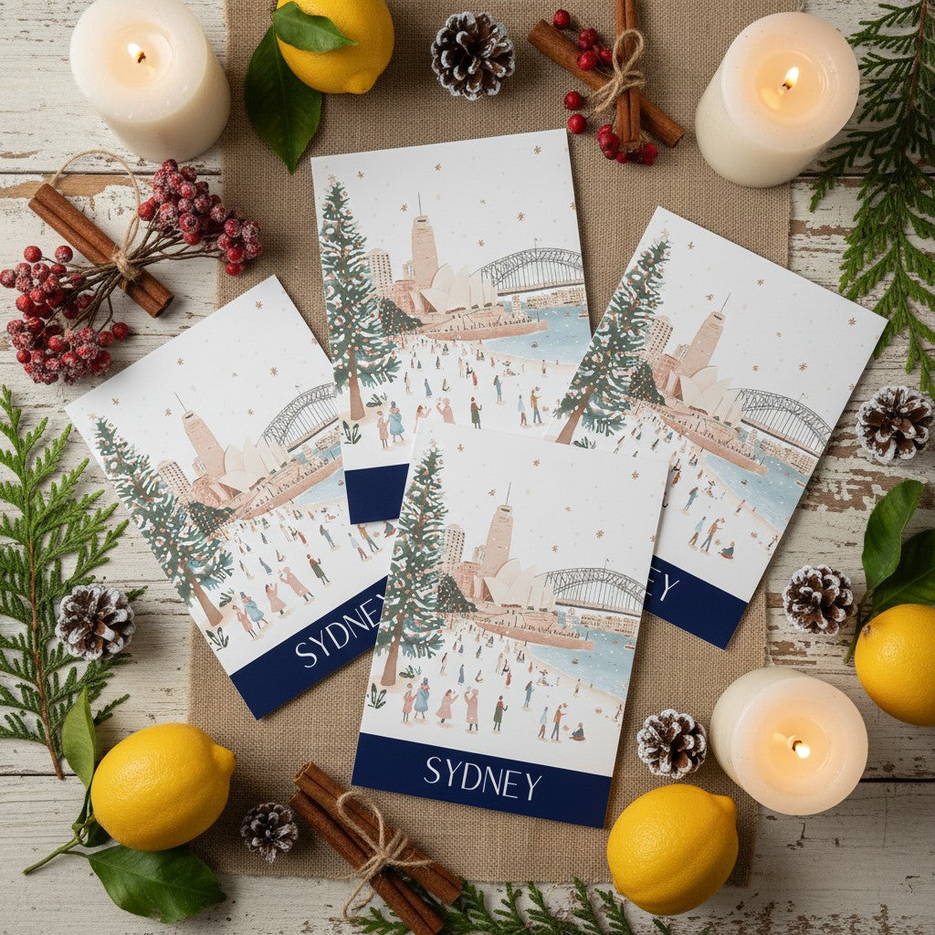 Christmas-themed greeting cards with Sydney landmarks surrounded by candles, lemons, and pine cones on a wooden surface.