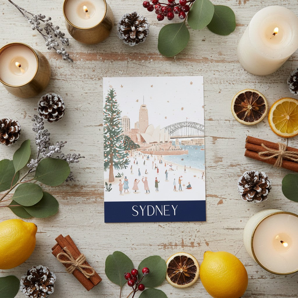 Sydney-themed Christmas card surrounded by candles, pine cones, and oranges on a wooden surface