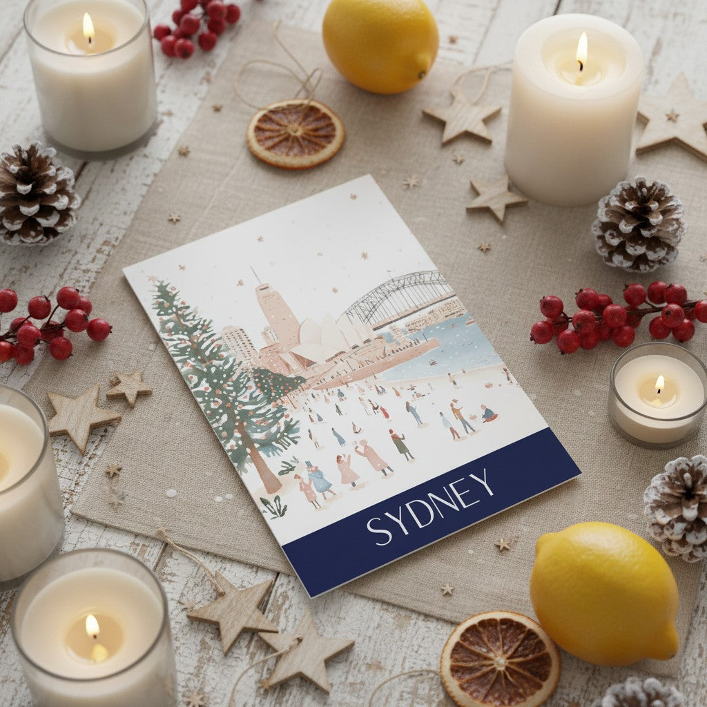 An A5 Christmas card featuring a winter Sydney skyline illustration with the word "SYDNEY" at the bottom, styled on a rustic fabric surface with candles, lemons, pinecones, dried orange slices, and wooden star decorations.