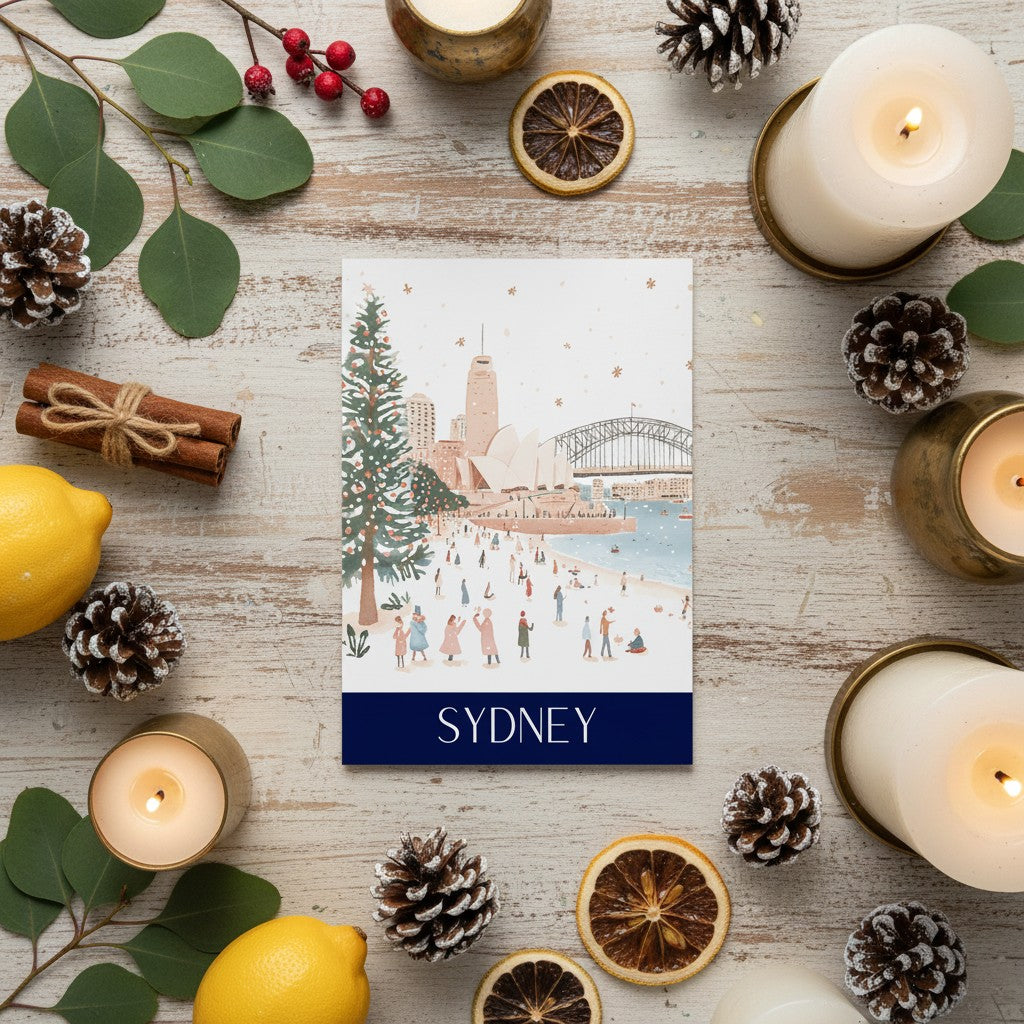 Sydney-themed Christmas card surrounded by candles, lemons, and pinecones on a wooden surface